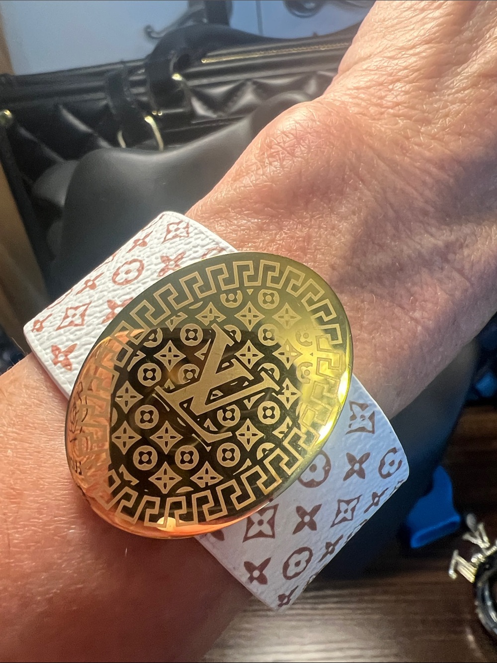 White Cuff with Gold Monogram Medallion